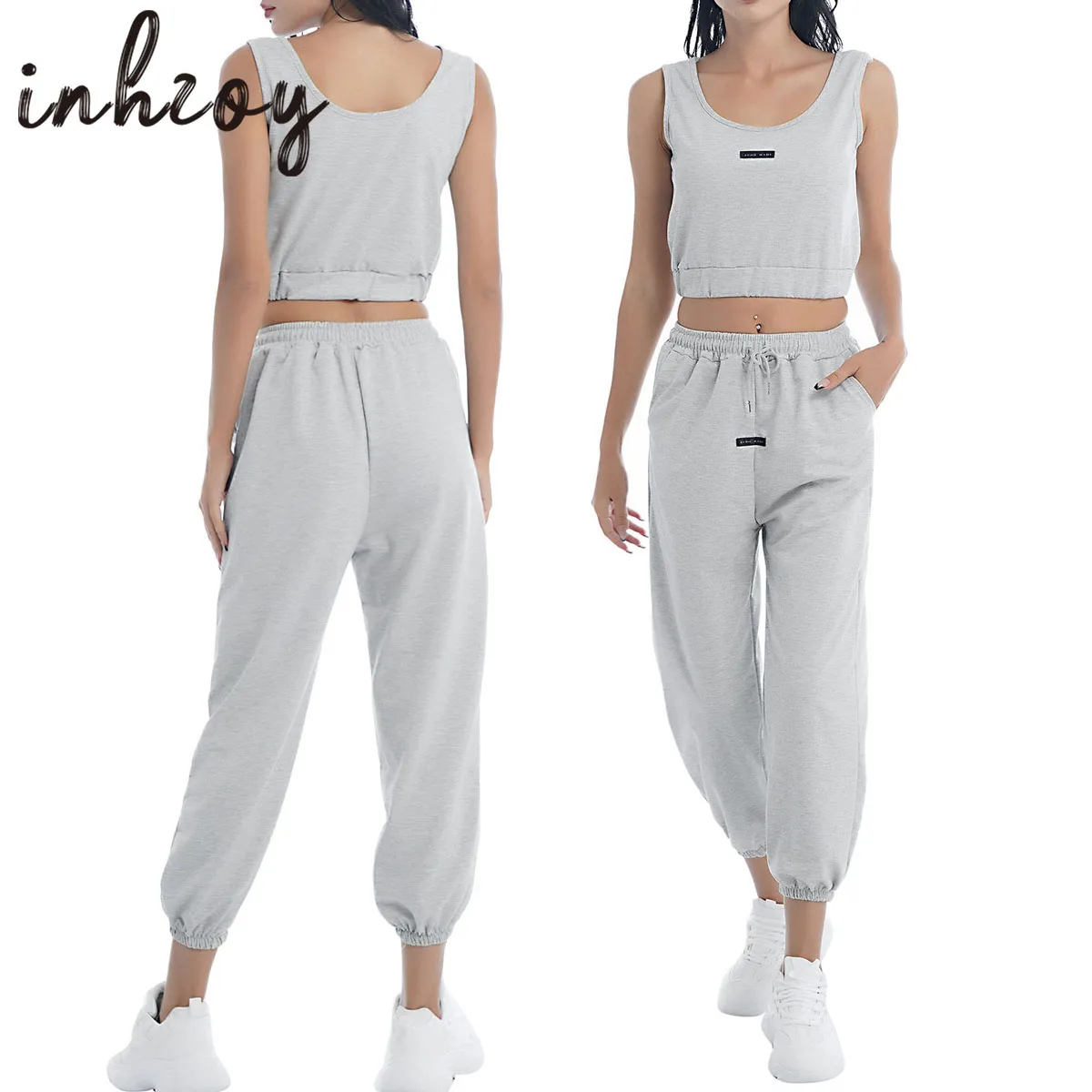 Women 2Pcs Pajama Set Cotton Sleeveless Cropped Top Vest with Drawstring Pants Pjs Sets Running Gym Yoga Fitness Sportswear