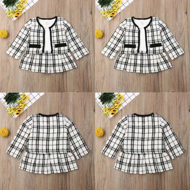 Fashion Baby Birthday Kid Girl Clothes Outfit Tutu Skirt Dress+ Plaid Coat Top 2Pcs Party Warm Small Fragrance Set | Мать и ребенок