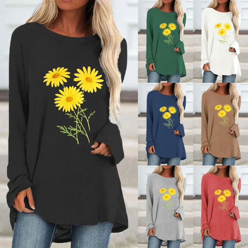 

Women Casual Autumn Fashion Clothes Round Neck Long Sleeve Loose T-shirts Ladies Plus Size Flowers Printed T-shirt Sweatshirts
