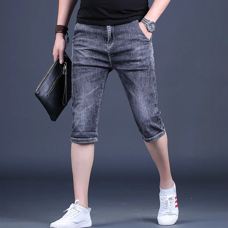 New Men's Jeans Summer Korean Style Lightweight Dark Gray Thin Slim Fit Stretch Denim Calf-Length Pants