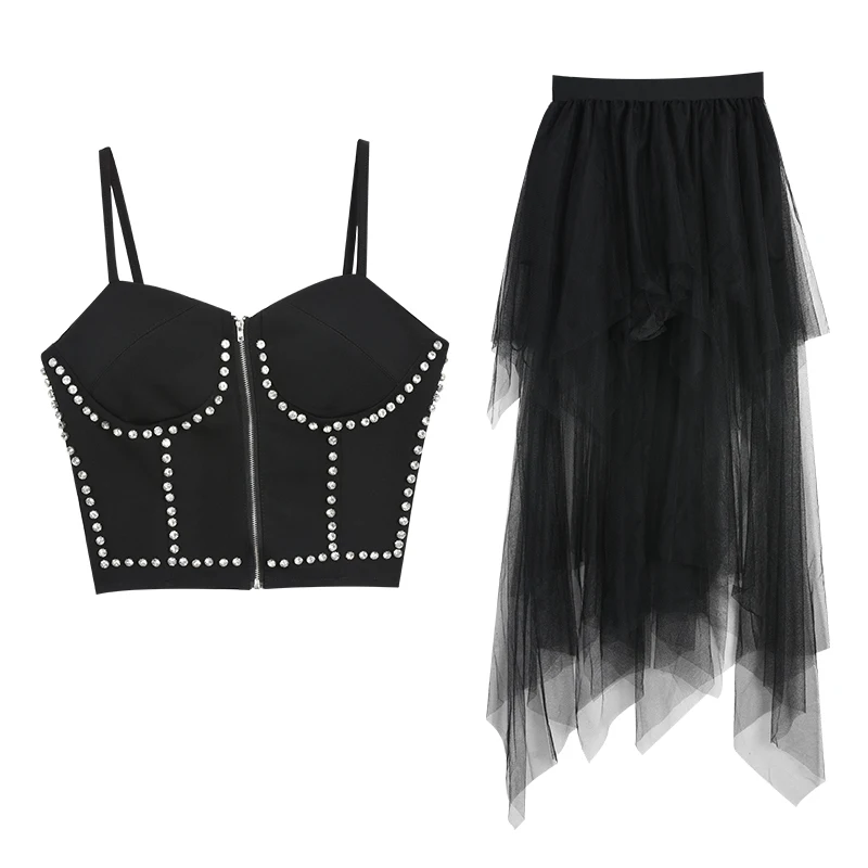 

2021 Summer High Street Elegant Goddess Style Two-Piece Suit Women New Fashion Korean Style Sling Top Ladies Mesh Black Skirt