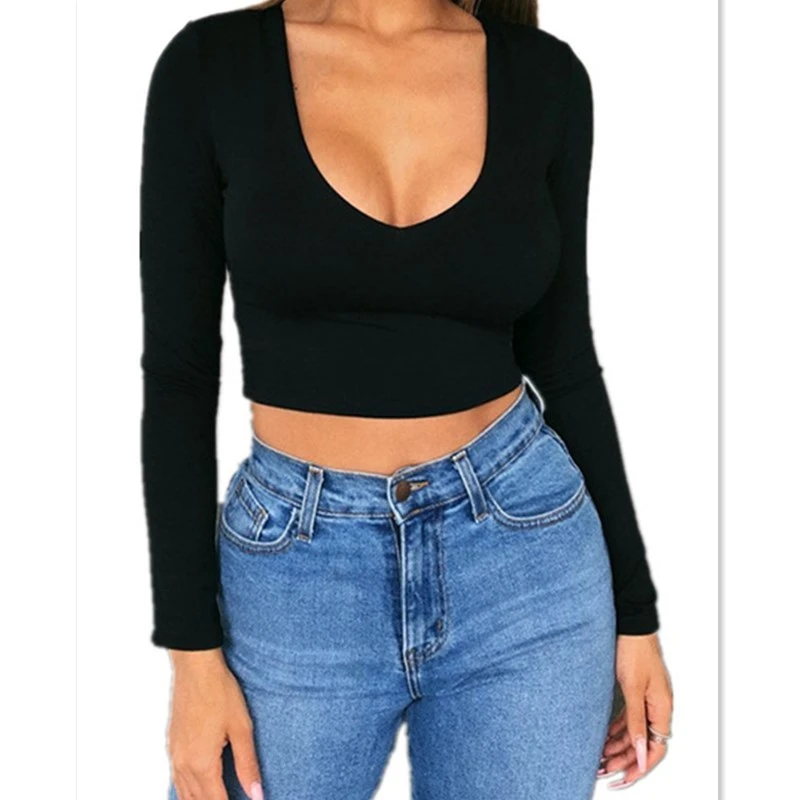 Осень весна укороченный топ Новые однотонные женские блузки и топы сексуальные v