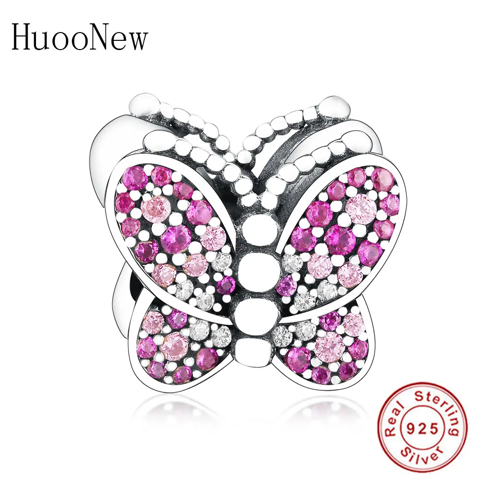 

925 Sterling Silver Animals Beads Dazzling Pink CZ Butterfly Charm Fits Original Charms Bracelet Berloque Jewelry Making