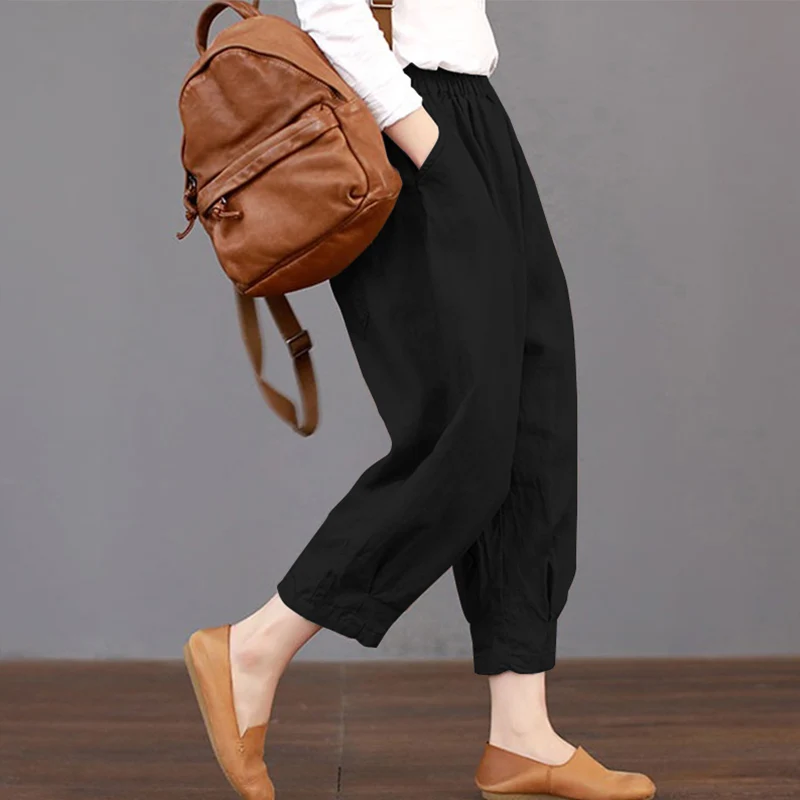 Женские шаровары из хлопка и льна с высокой талией однотонные брюки-джоггеры до