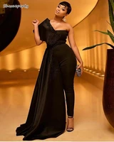 arabic black jumspuit formal evening dresses one shoulder 2021 lace appliqued african women special occasion gowns pageant dress