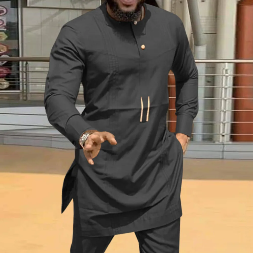 

Islam Kaftan Men's Shirt 2021 Summer Long Sleeves Solid Black Dashiki Tops African Mid-Length Ethnic Muslim Man Kurta Clothing