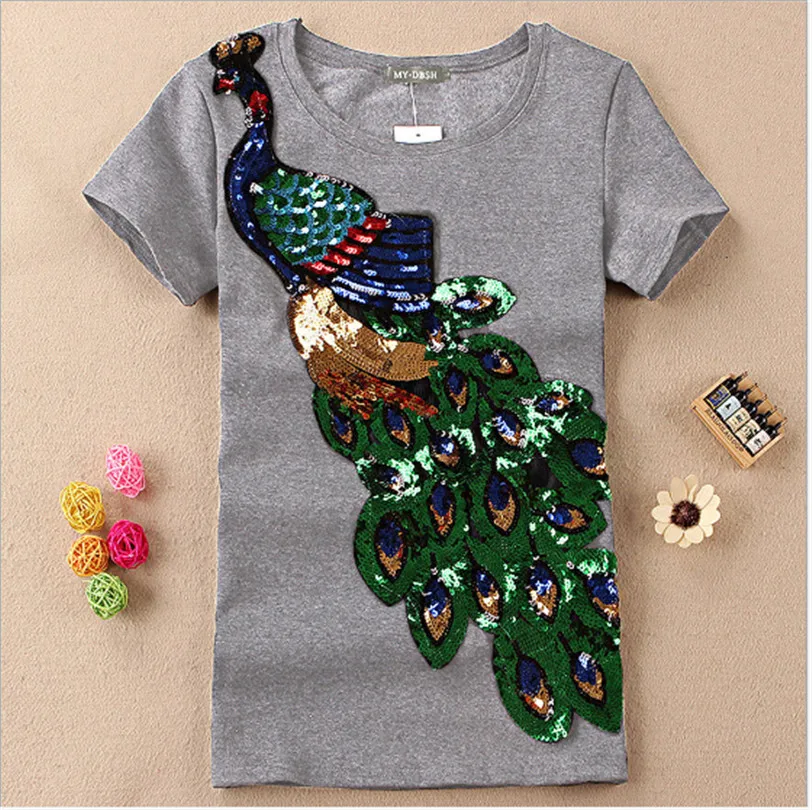 Новинка модная женская элегантная футболка с круглым вырезом и павлином
