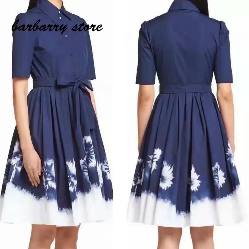 

2021 luxury design flower print fashion women's lace up waist closing slim A-line skirt elegant short sleeve dress casual skirt