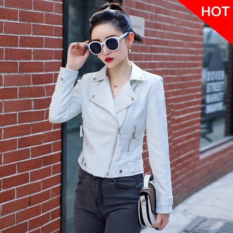 

2020 spring and Autumn New Fashion Pink Leather Jacket PU leather women's short lapel jacket women's jacket