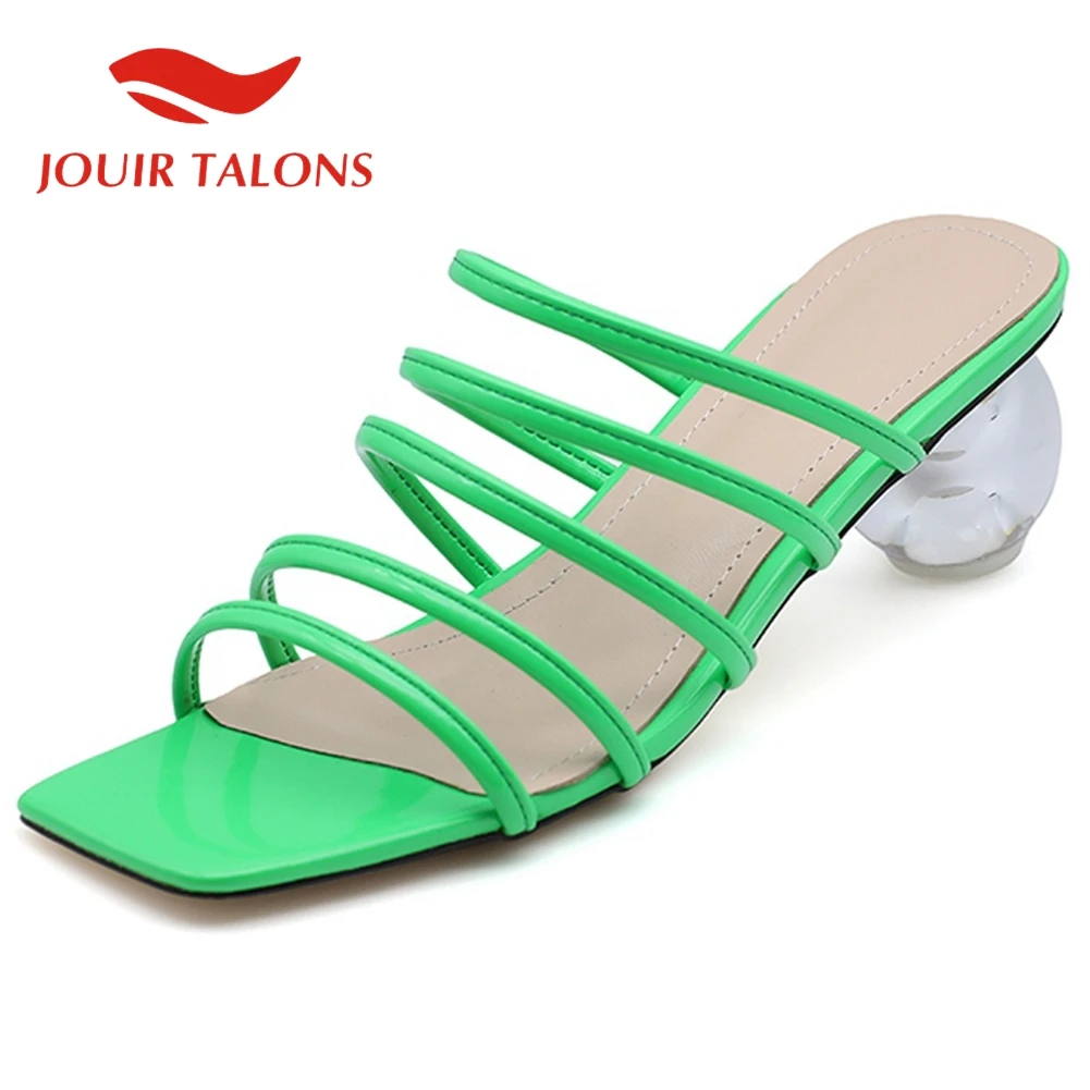 

JOUIR TALONS 2020 Dropship Patent Leather Women Mules Sandals Strange Style Heels Peep Toe Narrow Band Pumps Summer Woman Shoes