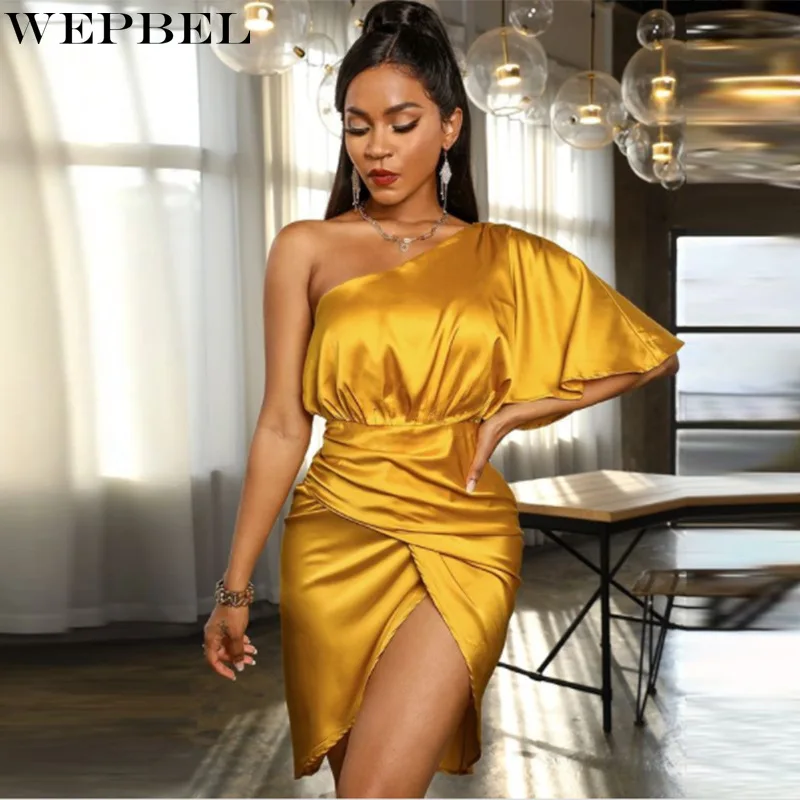 

WEPBEL Dress Women's Solid Color Slim Fit Pleated Slit Dress Summer Short Sleeve Diagonal Collar High Waist Irregular Dress