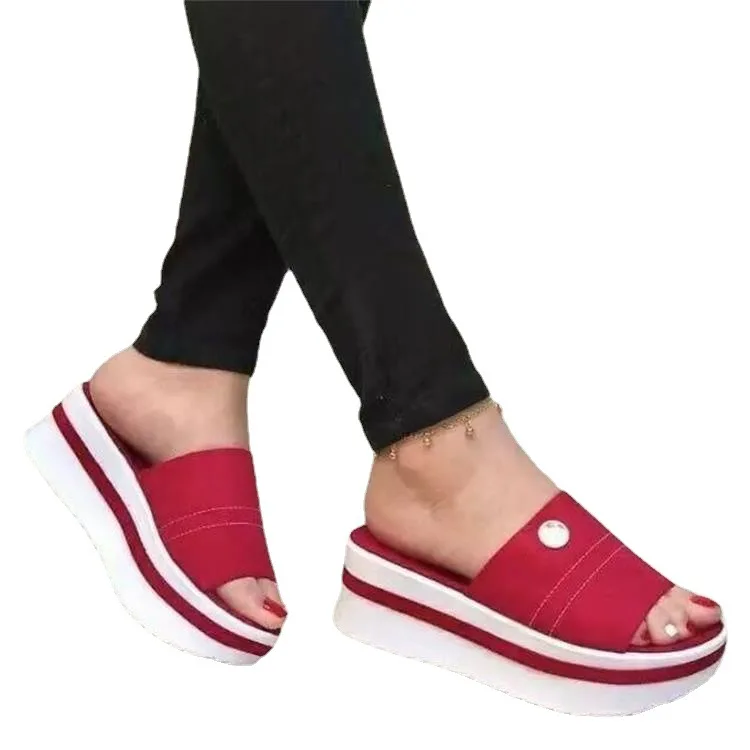 

Low Shoes Womens Slippers Outdoor Slides Pantofle Big Size Platform 2021 PU Basic Hoof Heels Fabric Rubber Shoes Low House Slipp