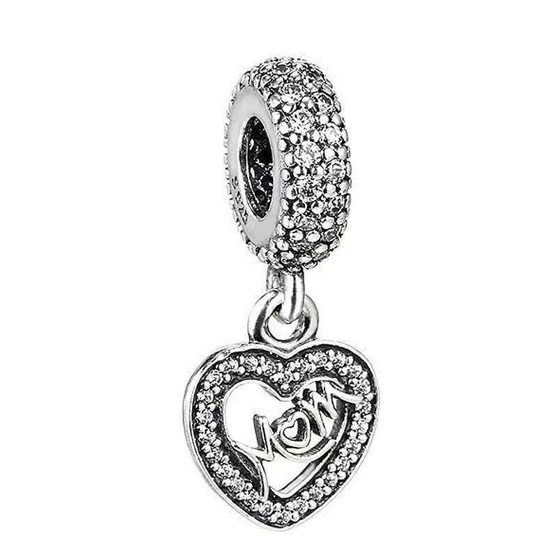 

Original 925 Sterling Silver Charm Love Heart Mom Pendant Bead With Crystal Fit Pandora Bracelet DIY Jewelry