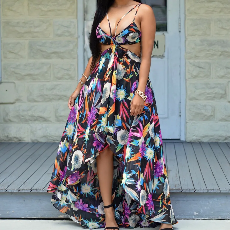 

Women's Long Sexy Beach Dress Ladies Sleeveless Floral Printed Summer Dresses Female Maxi Spaghetti Strap Vestido DS238