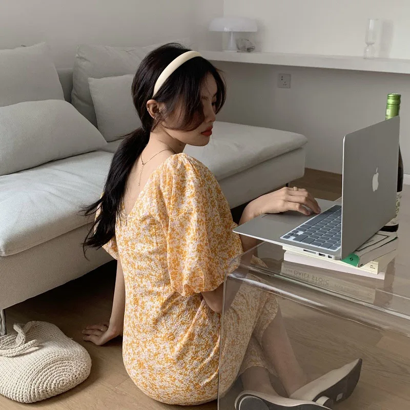 

2021 New Sweet Long Dresses Vestidos Summer Elegant V-Neck French Puff Sleeves Printing Streetwear Dress Woman