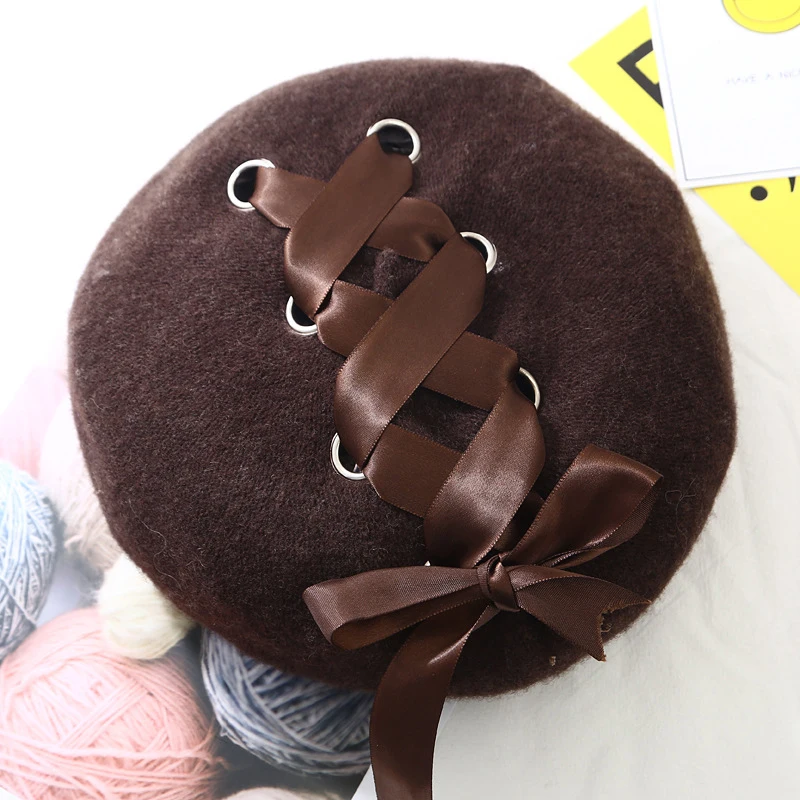 Женский зимний шерстяной берет со шнуровкой и бантиками винтажная теплая