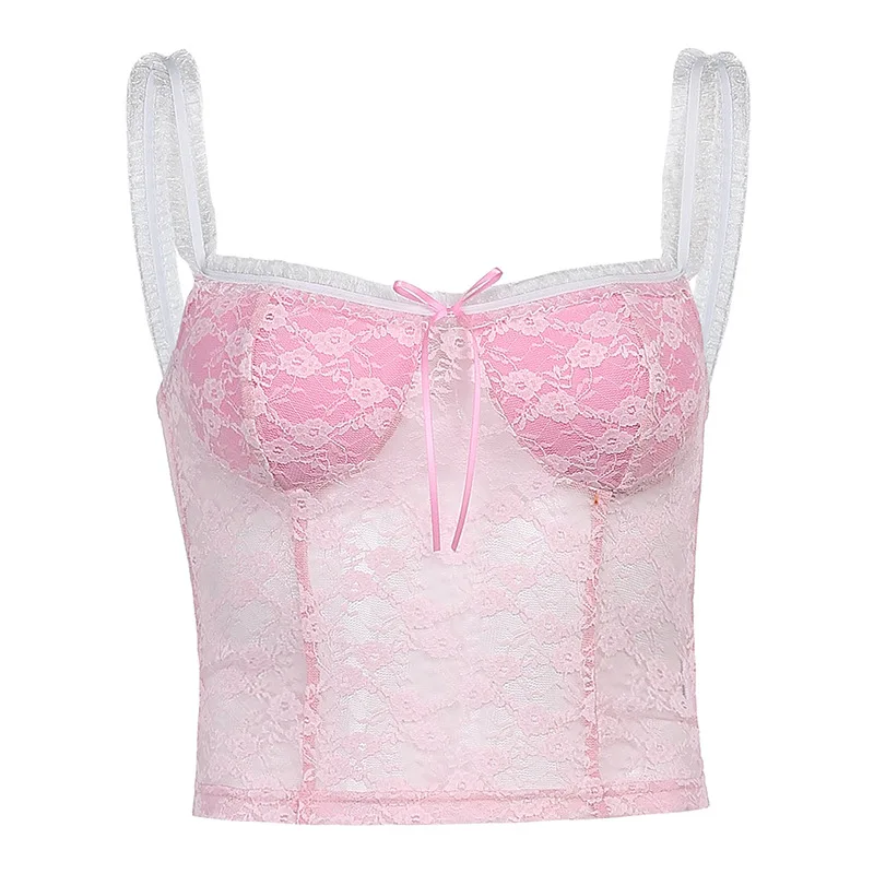 

Sexy Y2k Women Black Tank Top Sweet Mesh Bandage E-Girl Pink Lace Transparant Female Camis Summer Beach Short Sleeveless Tops