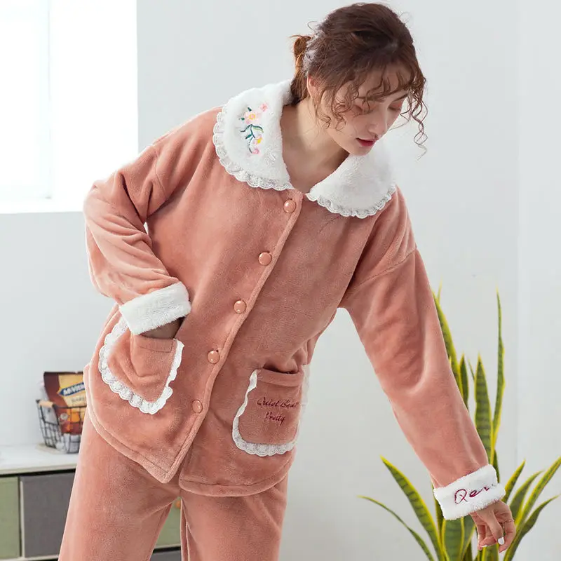 Теплый зимний женский пижамный комплект толстая Фланелевая пижама с длинными