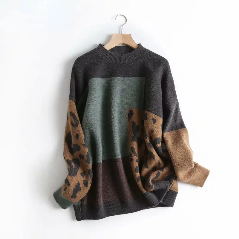 

2021 Women Vintage Leopard Pullover And Sweaters Winter Patchwork Brown Knit Jumpers Loose Style Korean Slim Pull Jumpers