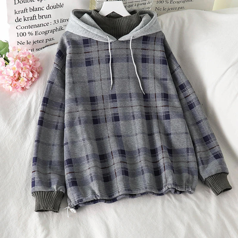 

Women Fleece Hoodies Sweatshirt 2021 Winter Plaid Pirnted Cotton Hooded Sweatshirt Casual Loose Hooded Pullover Oversize Jacket