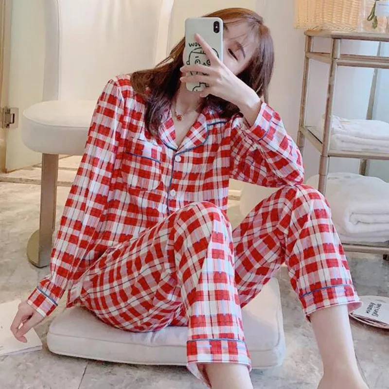 Fdfklak Fashion plaid cotton sleepwear women pajamas set spring autumn women's nightwear pijamas home suit new pyjama femme
