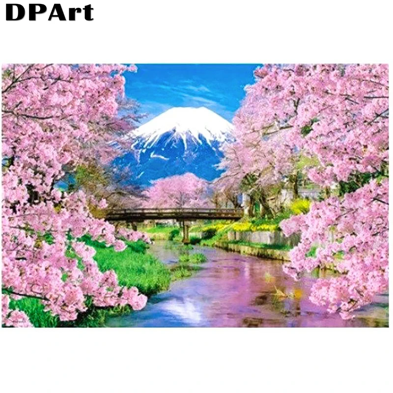 Алмазная живопись полноразмерная/круглая вышивка вишневые цветы в горе Фудзи