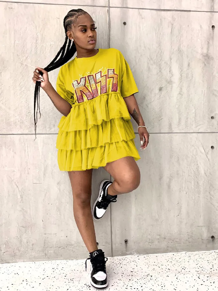 

Summer Lletter Printing Mesh Stitching Tshirt Dress Women Fashion Street Short-sleeved Mesh Mini Dress