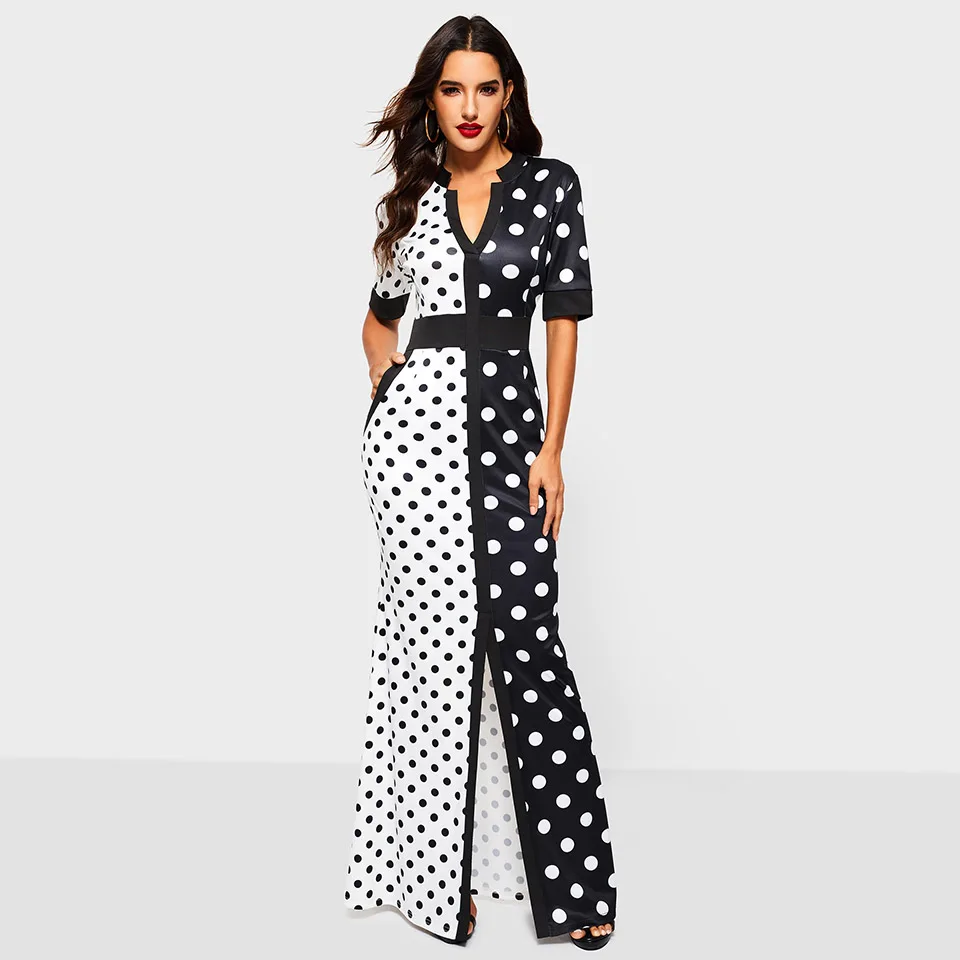 Sisjuly Vintage Bodycon Dress Женщины Длинные Черный Белый Горошек Бандаж Сплит Тощий Офис Леди Элегантный Партия Сексуальные Платья Макси