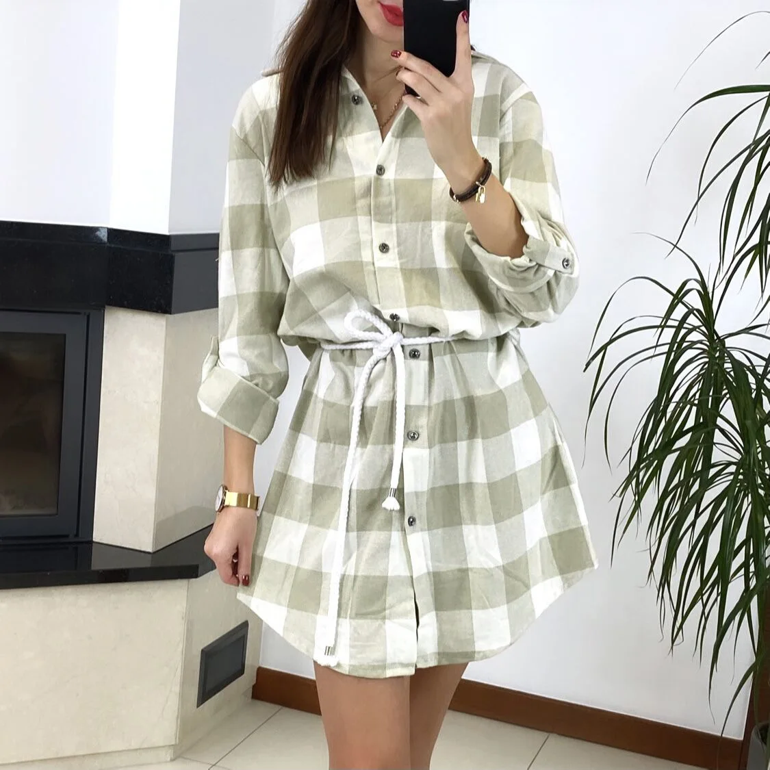 

Prowow Women Plaid Shirt Mini Dress Casual Loose Ruffle Turn-Down Collar Button Dresses Elegant with Waistband Ladies Dress