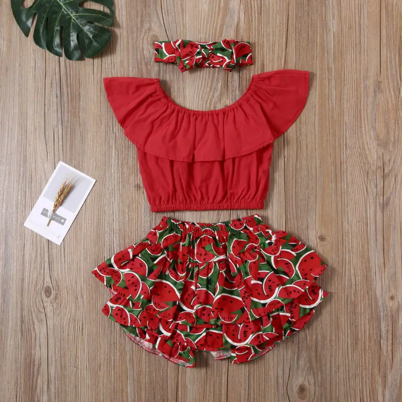 

Infant Baby Girls Ruffle Top + Watermelon Shorts + Headband Pants Summer Clothes Set 1-6T