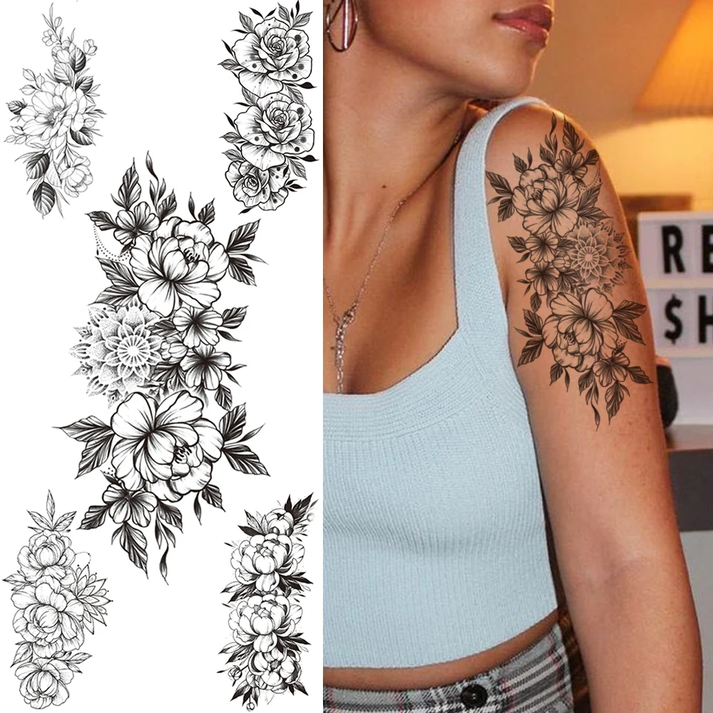 

Mehndi Daisy Temporary Tattoos For Women Sexy Sunflower Peony Flowers Tattoo Sticker Arm Hands Unique Black Camellia Lily Tatoos
