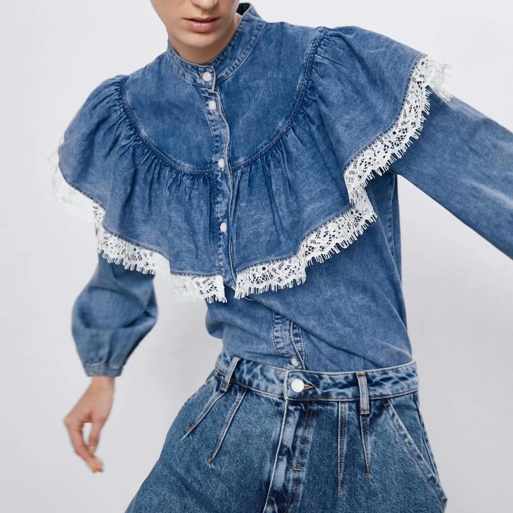 Женская джинсовая рубашка с кружевной вышивкой потертая блузка в Корейском