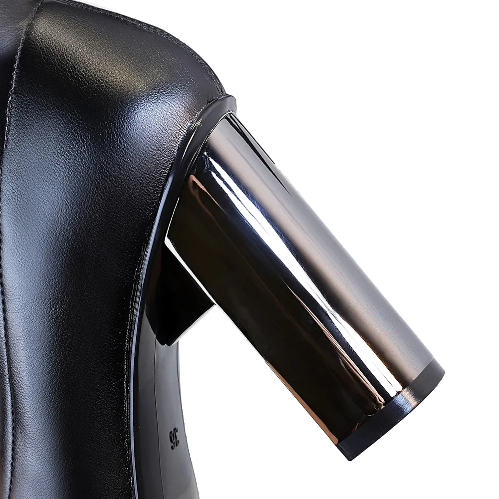 BIGTREE Women Black PU Leather Over-the-knee Boots Metal Square Heel Heels Shoes Sexy Pointed Toe Ladies Motorcycle Booties