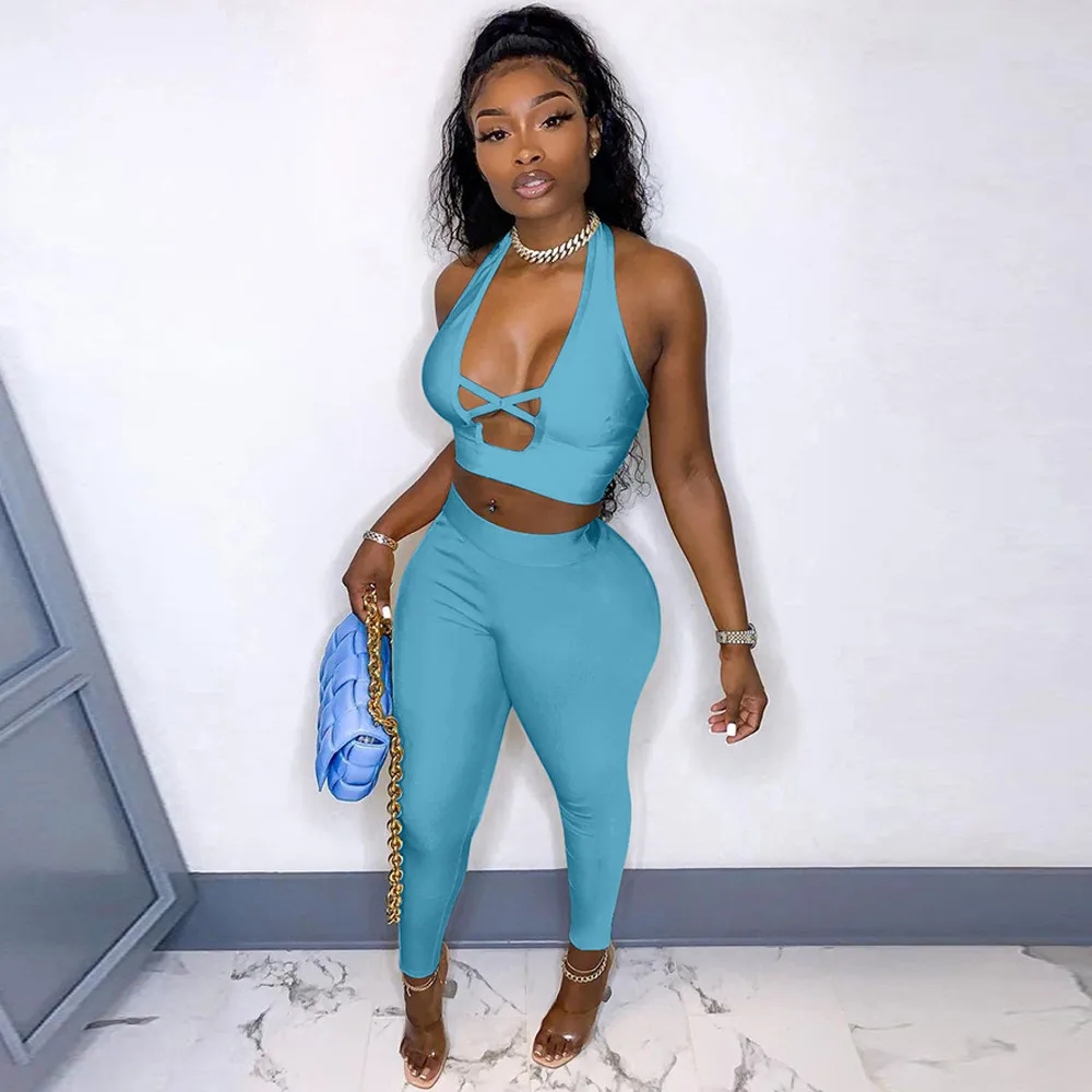 

Женский пикантный комплект из двух предметов, однотонный укороченный топ без рукавов с глубоким V-образным вырезом и облегающие длинные брю...