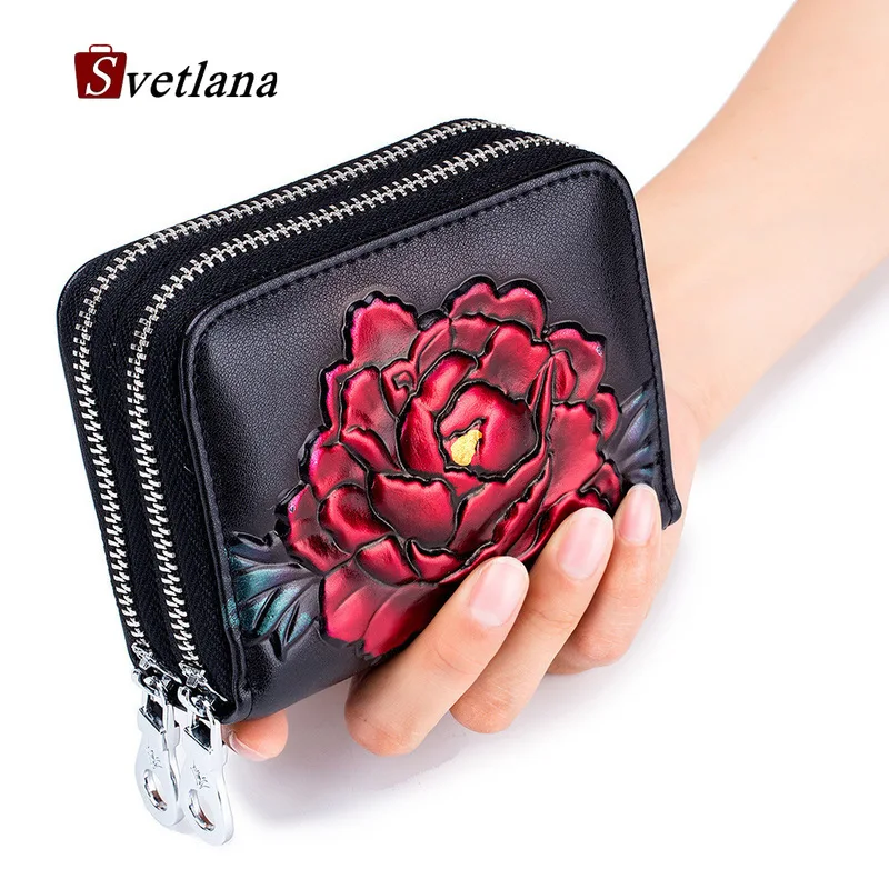 Женский кошелек из натуральной кожи с резным узором в виде розы для