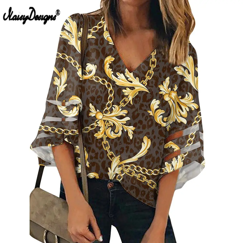

NOISYDESIGNS New Design Plus Size Women Blouse V-neck 3/4 Sleeve Chains Print Loose Casual Shirts Womens Tops And Blouses