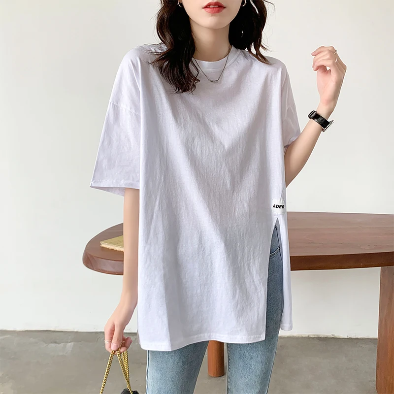 

pure cotton short sleeve T-shirt women's summer design sense of minority split medium and long T-shirt women's fashion