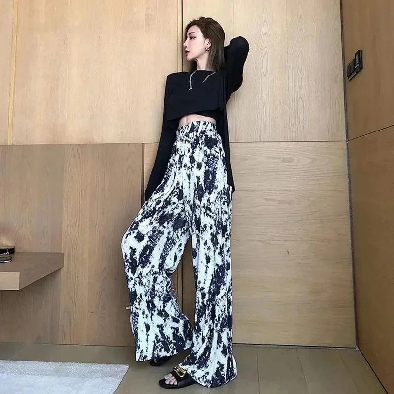 

2021 New dyed pants in spring and pleated loose and thin casual pants, women's fashion drop feeling, wide leg tie