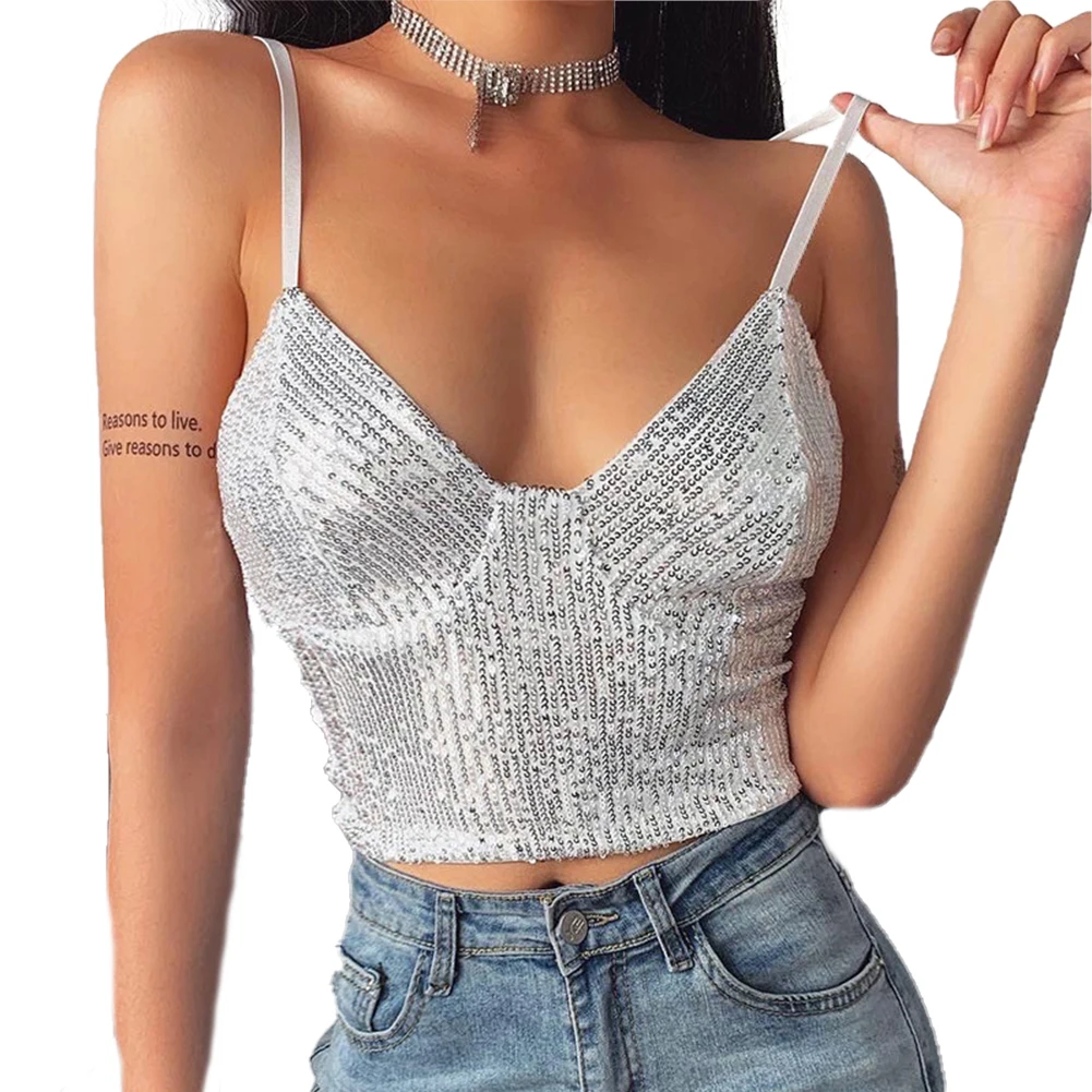 Новый женский жилет с блестками на бретельках однотонный топ глубоким v-образным