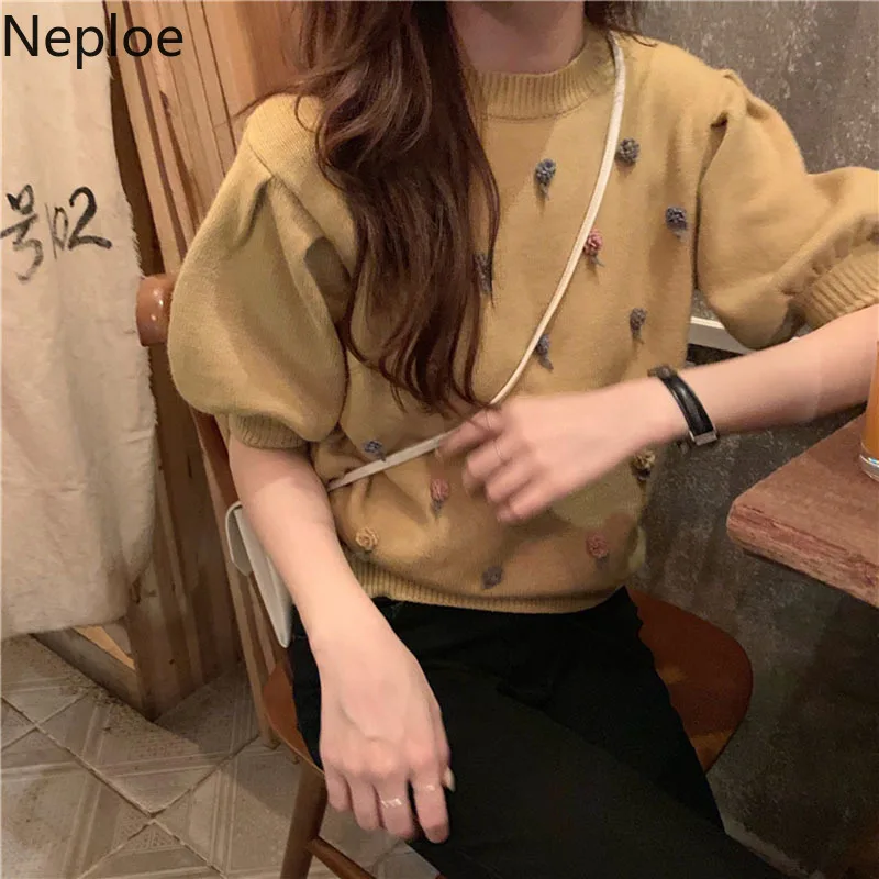 Neploe Chic O Neck Puff Short Sleeve Knit Pull Femme Solid Stereoscopic Flower Sweater Pullover Autumn Spring Loose Sueter 47787 | Женская