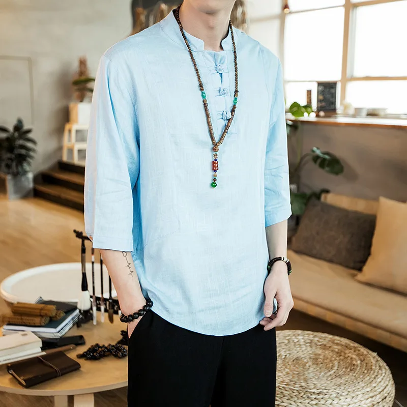 Мужская традиционная китайская одежда из хлопка и льна с коротким рукавом