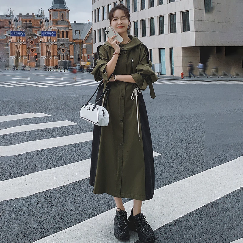 

Windbreaker Jacket Female Long Tooling Women's Spring Autumn Trench Coat Fashion Dark Green Splicing Hooded Loose Ladies Cloak
