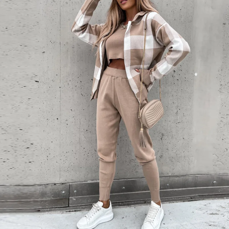 

Комплект из 3 предметов, Женский вязаный клетчатый Свободный Повседневный Топ на бретельках, толстовки, куртки и штаны с высокой талией, жен...