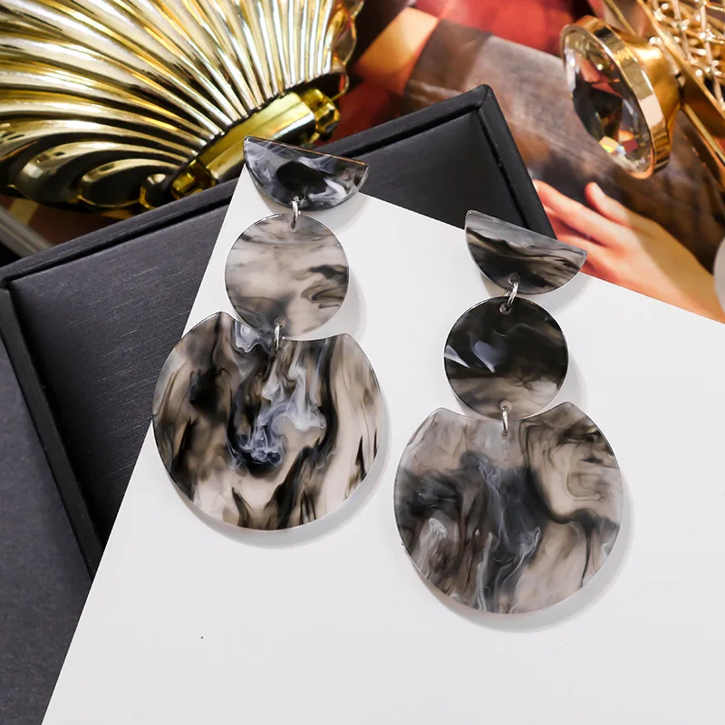 

New Korean Ink Acrylic Gray Round Earrings for Women Geometric Long Earrings Retro Exaggerated Wild Girl Creative Party Jewelry