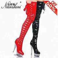 6 inches lace up bowknot knee high boots platform boots mature punk stripper heels pole dance shoes show sexy models party new