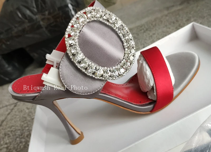 Satin Sandals Women Peep Toe Mixed Color Rhinestone Buckle High Heel Shoes Woman Sexy Party Shoes Mules Slippers