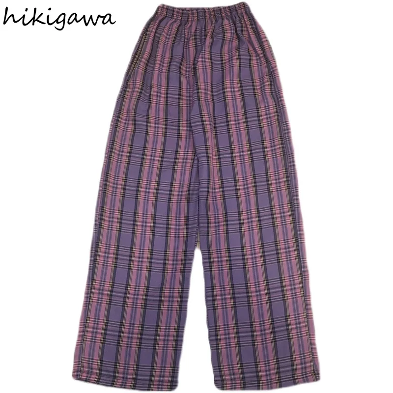 

Hikigawa 2021 Women's Pants Long-Length Mujer Pantalones Plaid Elastic Waist Fashion Pantalon Femme Wide Leg Korean Loose Pant