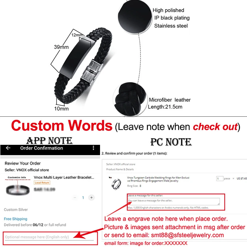 Мужской плетеный кожаный браслет Vnox выполненный по индивидуальному заказу