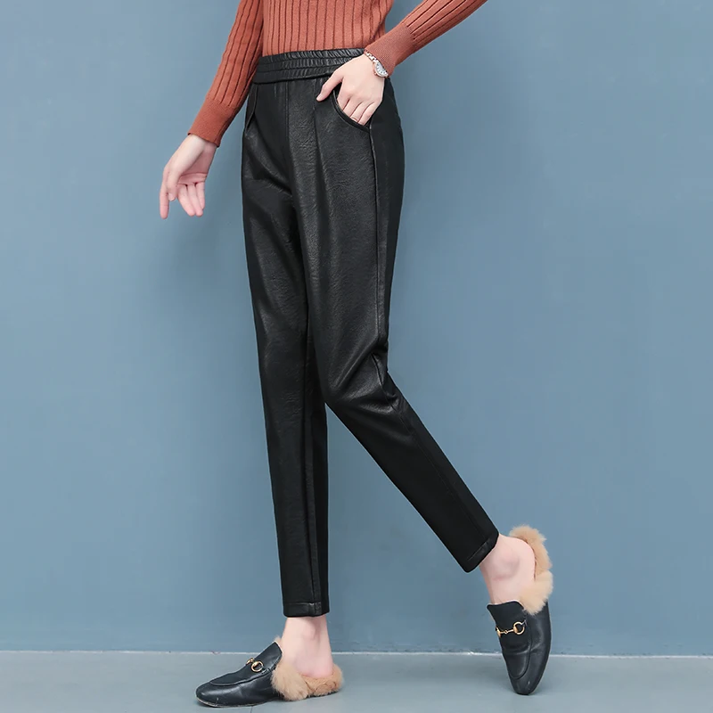 Осенние женские кожаные брюки зимние свободные шаровары с высокой талией из