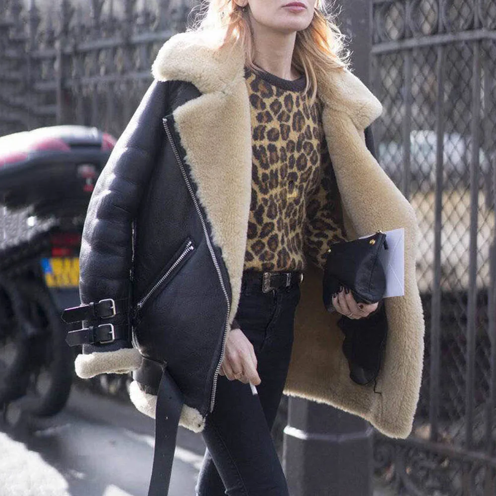 Черное Женское пальто кожаная куртка зимняя теплая 2019 повседневная овечья